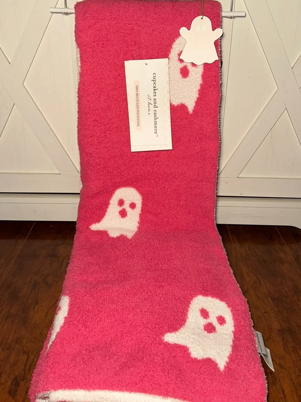 Cupcakes & Cashmere Pink and White Ghost Halloween Knitted Throw Blanket
